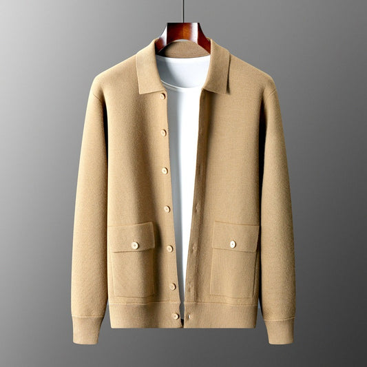 Men's Wool Polo Cardigan: Retro Pocket Coat