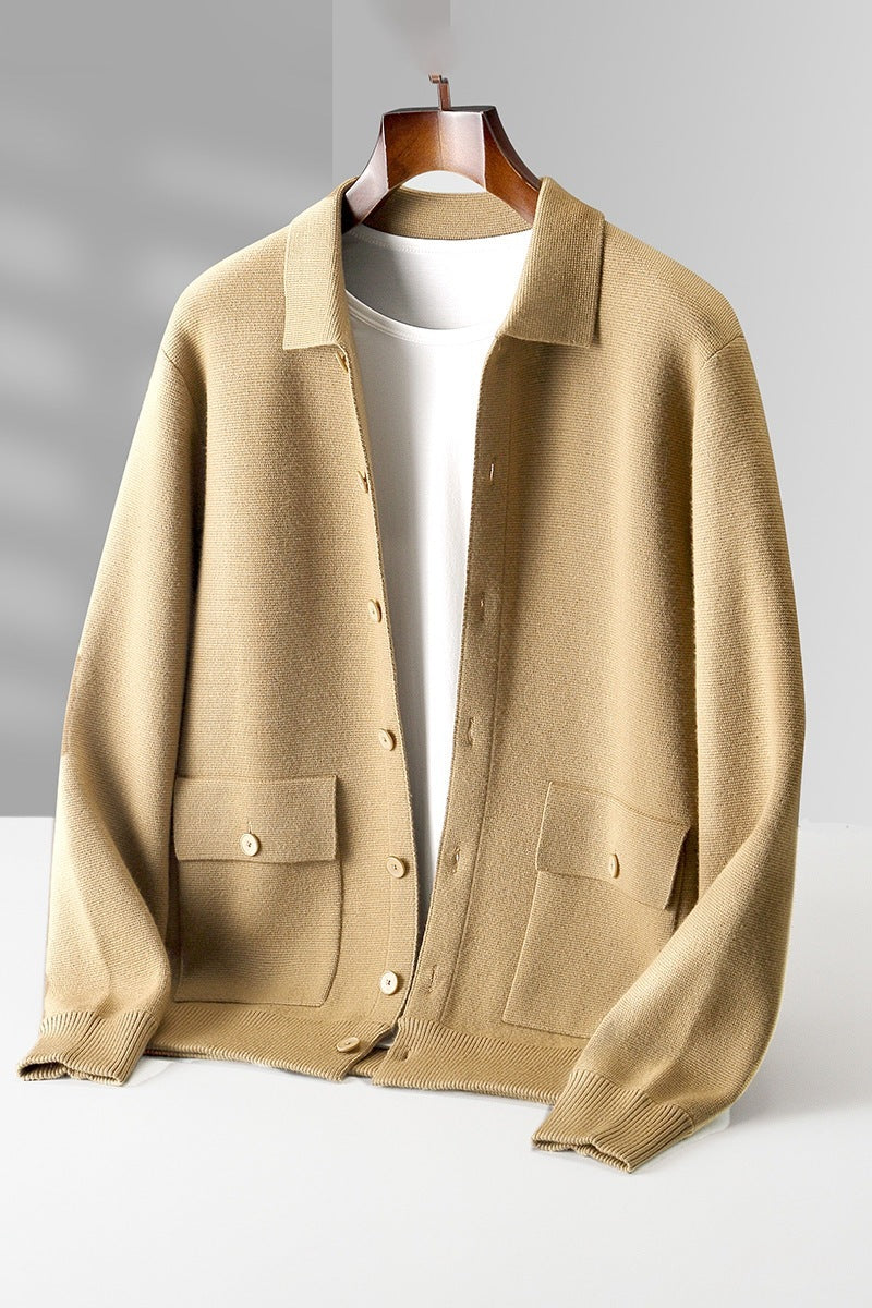 Men's Wool Polo Cardigan: Retro Pocket Coat