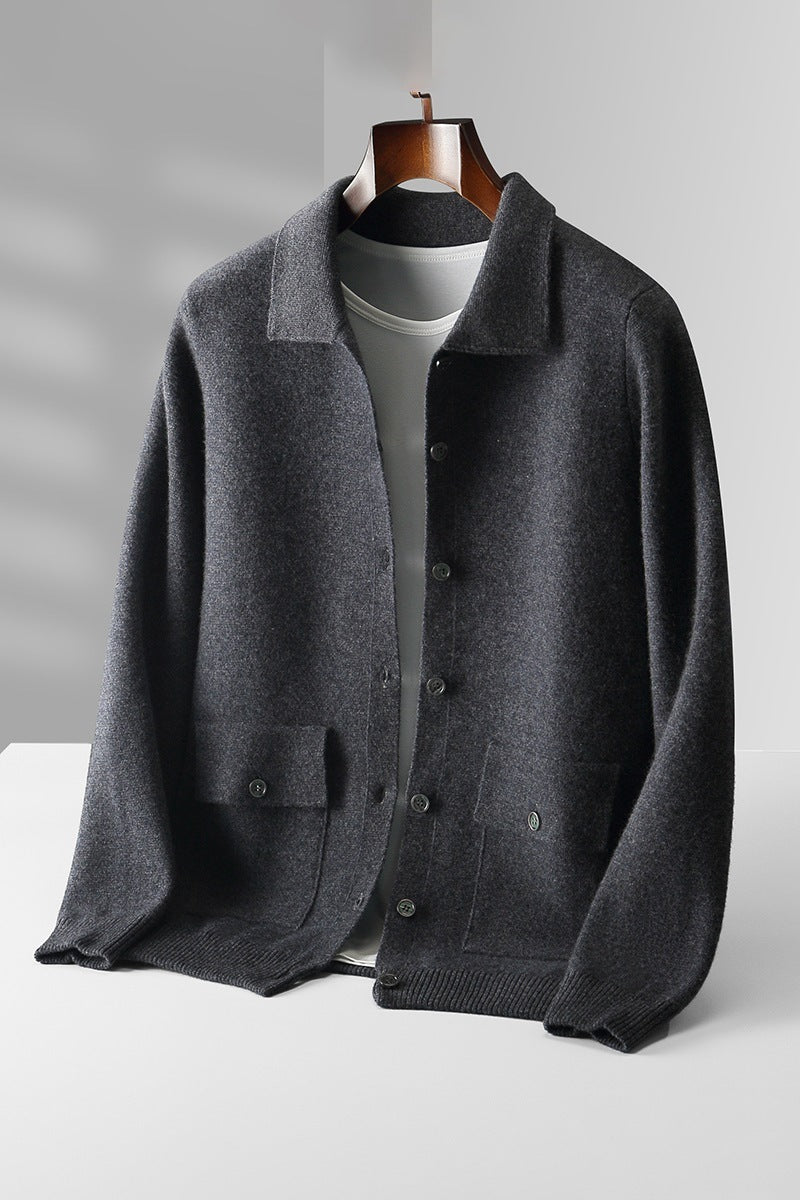 Men's Wool Polo Cardigan: Retro Pocket Coat