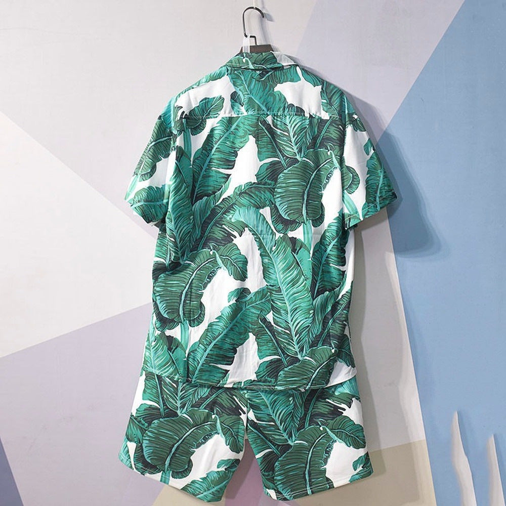 Summer Men's Beach Shirt Set with Short Sleeves