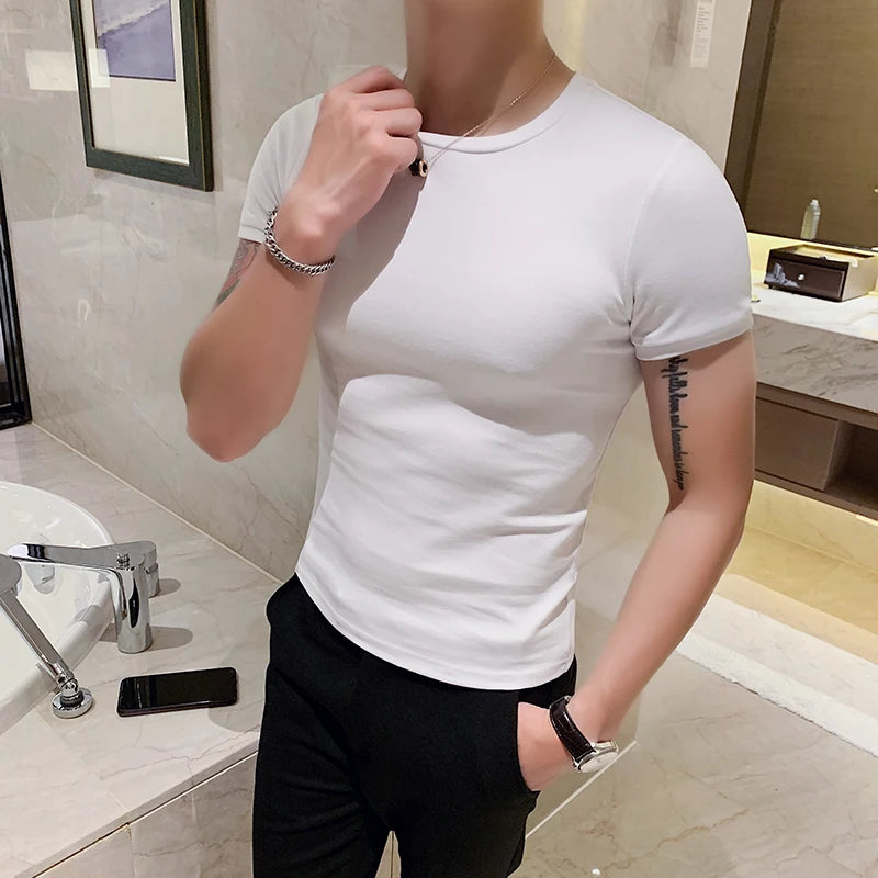 Neck Tops Men Thin Slim Fit T-shirt