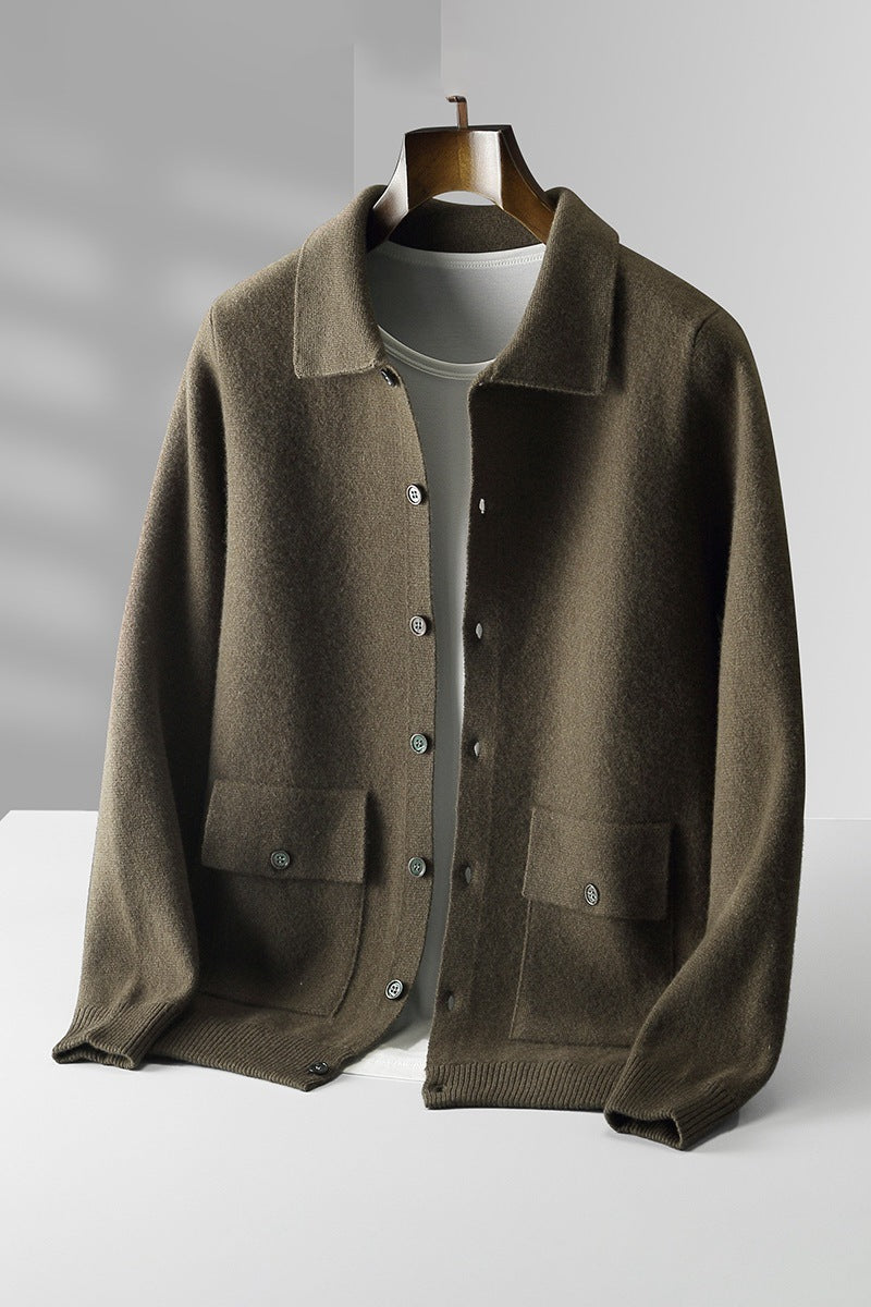 Men's Wool Polo Cardigan: Retro Pocket Coat