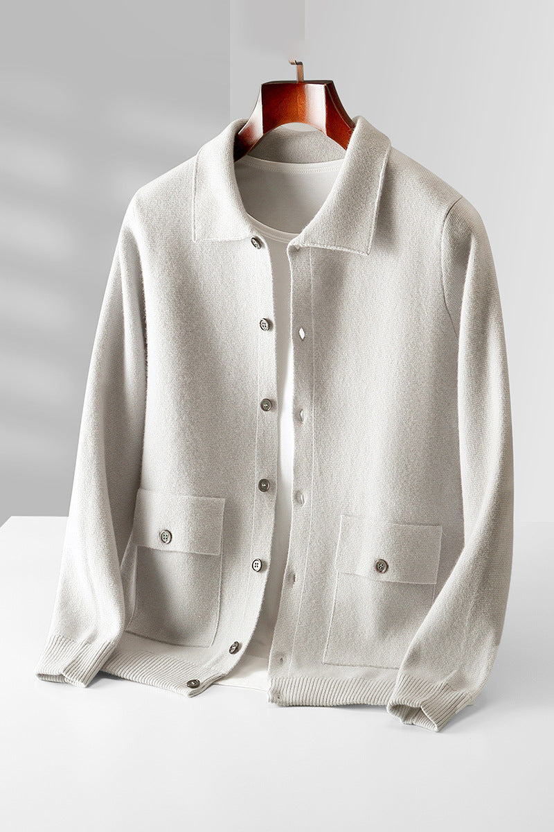 Men's Wool Polo Cardigan: Retro Pocket Coat